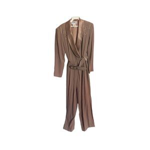 Vintage studio one women’s gold belted satin trim jumpsuit size 6 ￼